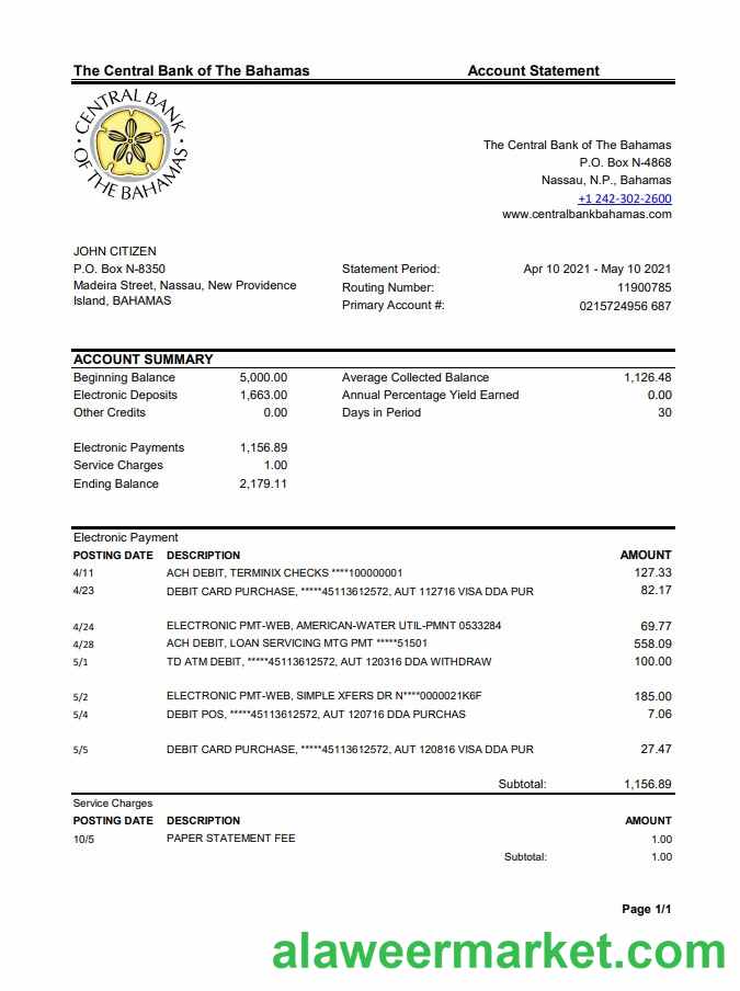 Bahamas The Central bank of the Bahamas bank statement easy to fill template in .xls and .pdf file format